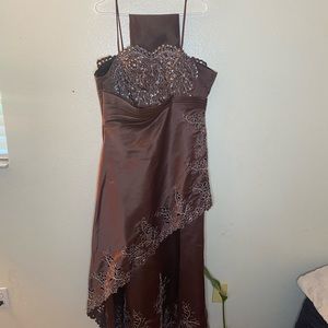 Chocolate satin dress with silver detailing & layers. Worn one time.